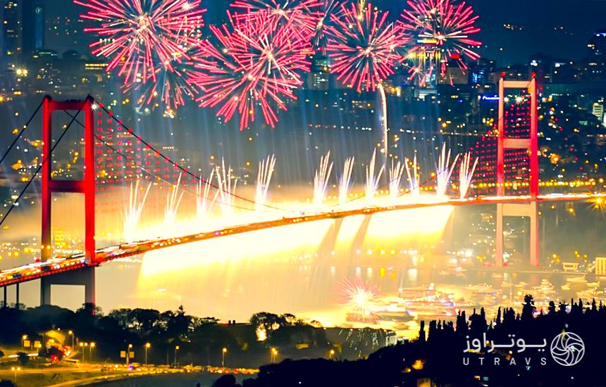 christmas night fireworks on the Bosphorus Bridge